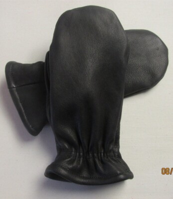 Black Goatskin Leather  Fleeced Lined Mittens - Size Large - Made In The USA