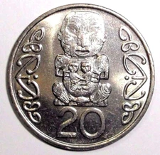 1990 New Zealand Coin 20 cents Maori Carving Depicting Pukaki Chief