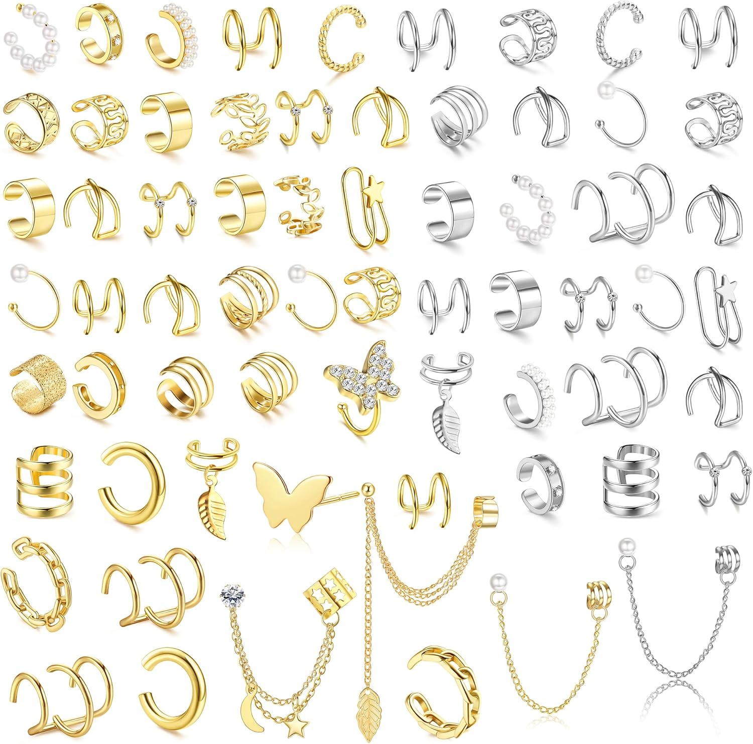 66-Piece Non-Piercing Ear Cuff Set for Women, Hypoallergenic Fake Earrings in Stylish Designs