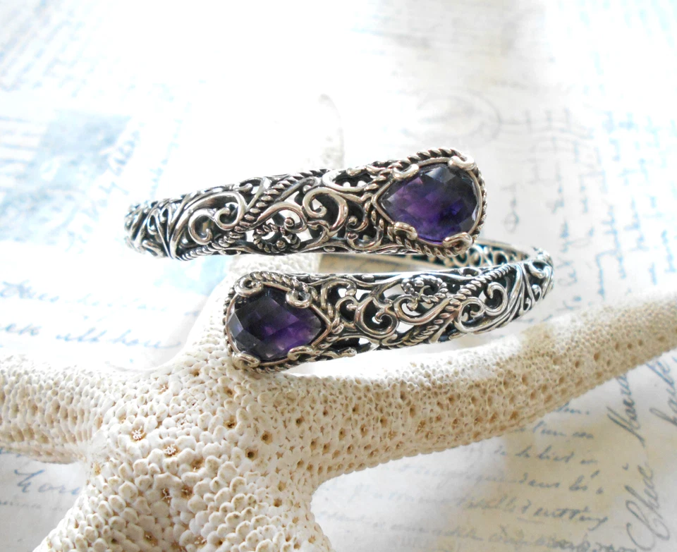 Carolyn Pollack Oxidized Sterling Silver Amthyst Filigree Hinged Bracelet 56P-4 - Image 3 of 4