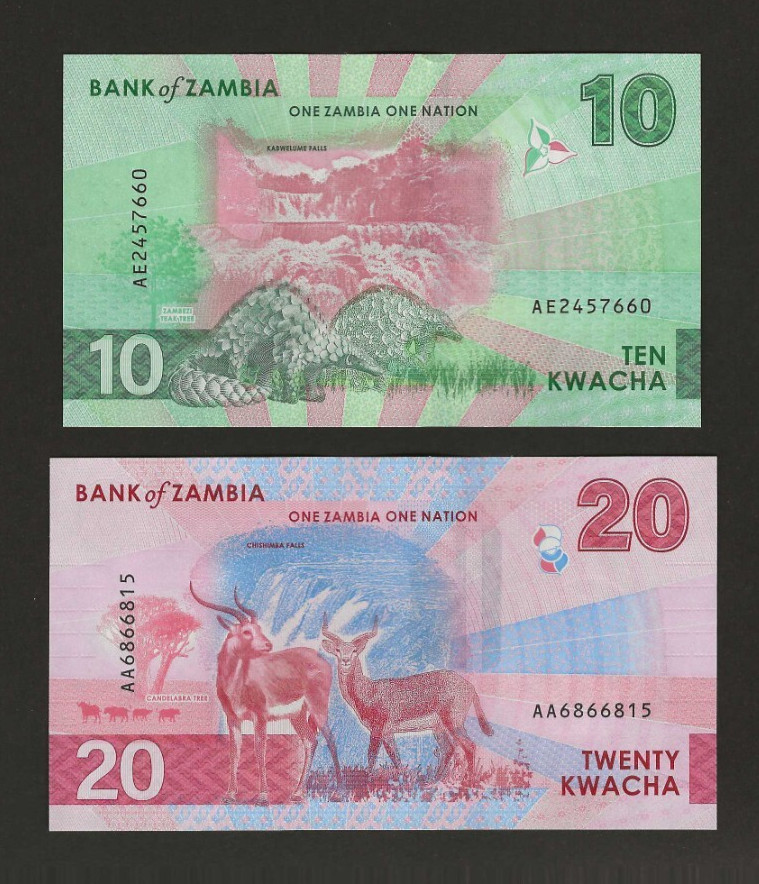 ZAMBIA 10 & 20 Kwacha 2024, P-62a + P-63a New Series, Original UNC, Pretty Notes