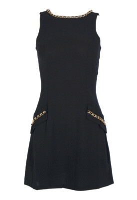 Lipsy Black Shift Dress UK Gold Chain Trim Sleeveless Mini Sexy