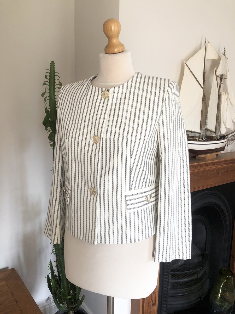 Zara Ecru Navy Striped 3/4 Sleeve Cropped Blazer Jacket M