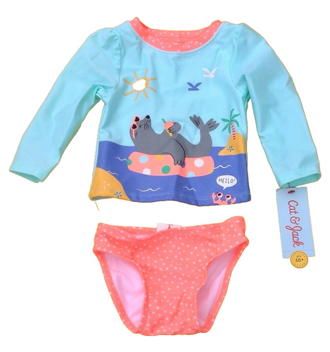 Cat & Jack baby girls 12 Months long sleeve rash guard swimsuit 2-piece UPF 50