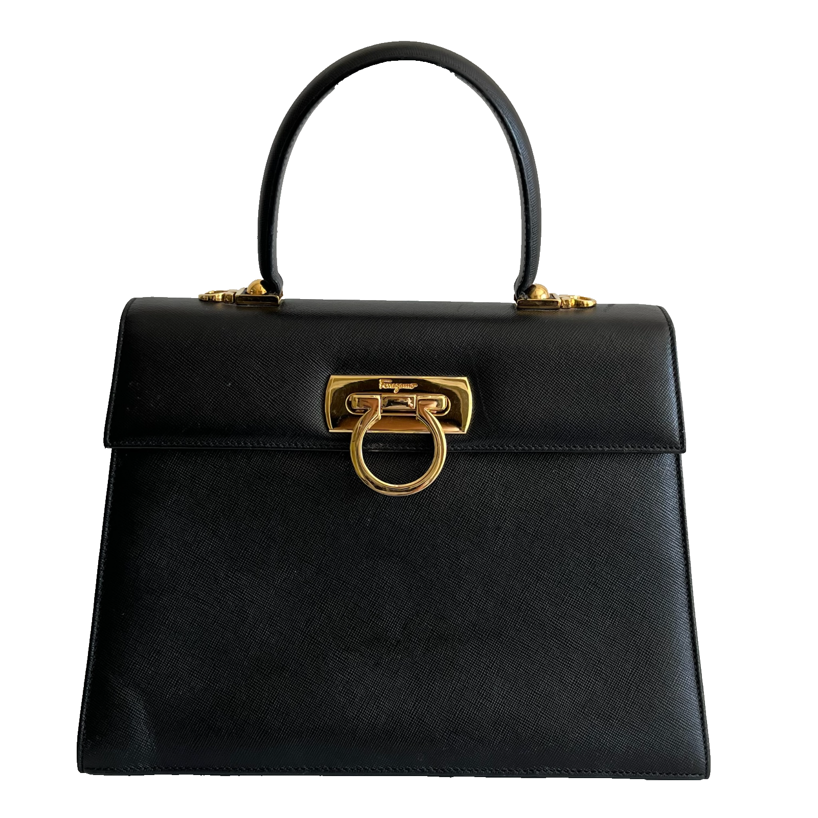 Authentic Salvatore Ferragamo Top Handle Bag Leather Black 0602　AF-21 2181