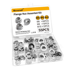 55Pcs Flange Nut Assortment Kit - Metric M6, M8, M10 Stainless Hex Flange Nuts S