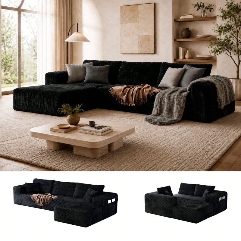 Boneless Sectional for Living Room Black L-Shape Couch in Box Sofa Memory