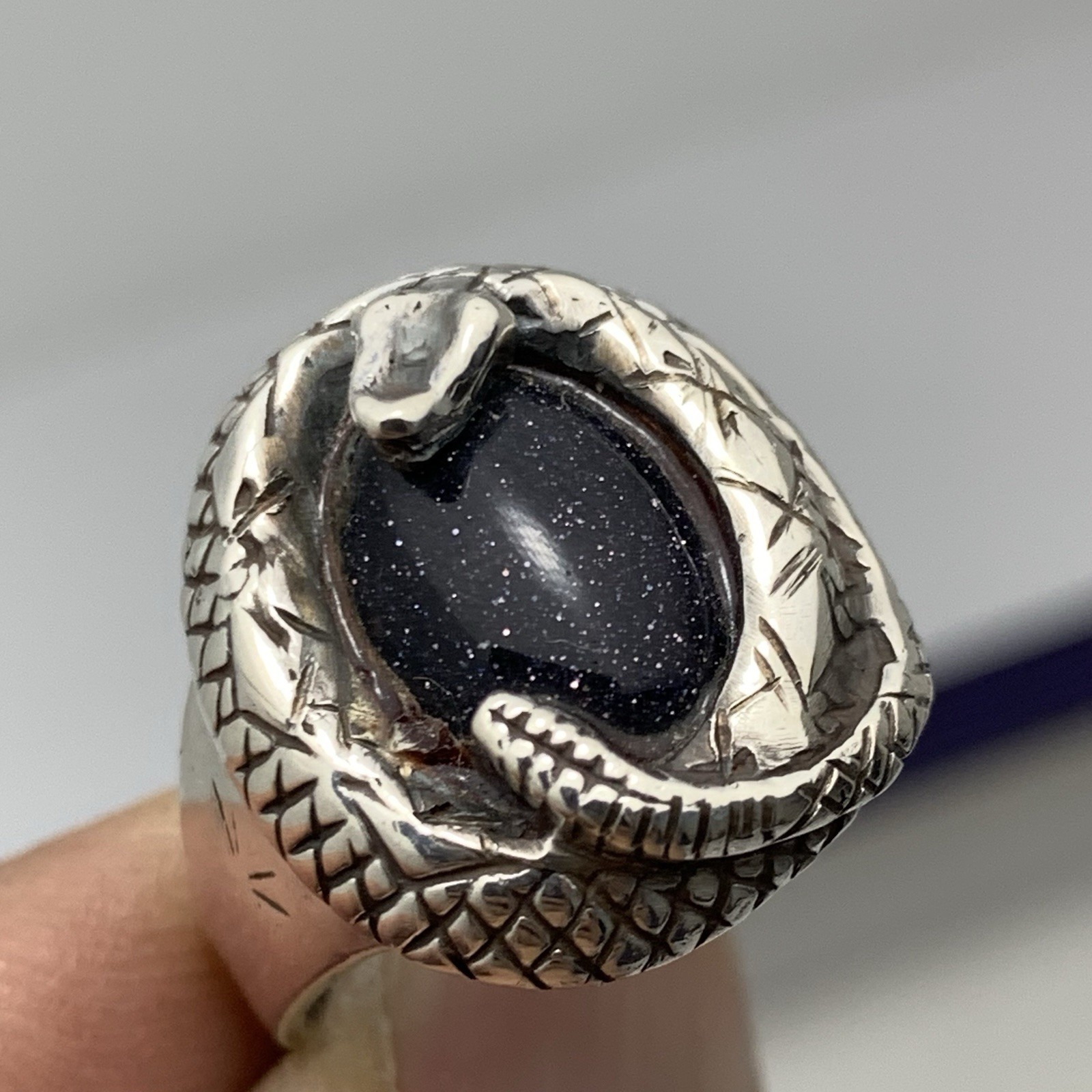 925 Silver Statement Snake Ring Bold solid Blue A… - image 5