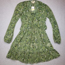 Michael Michael Kors Paisley Georgette Ruffle Dress Womens Green Size M NWT