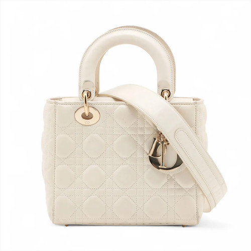 Christian Dior Cannage My Lady Dior Leather 2 Way Handbag White