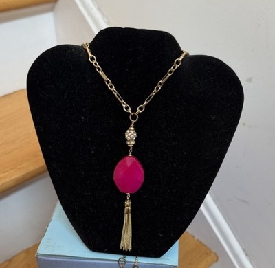 Lilly Pulitzer Gold Tone Pink Quartz Rhinestone TASSEL 31'' Chain NECKLACE B6