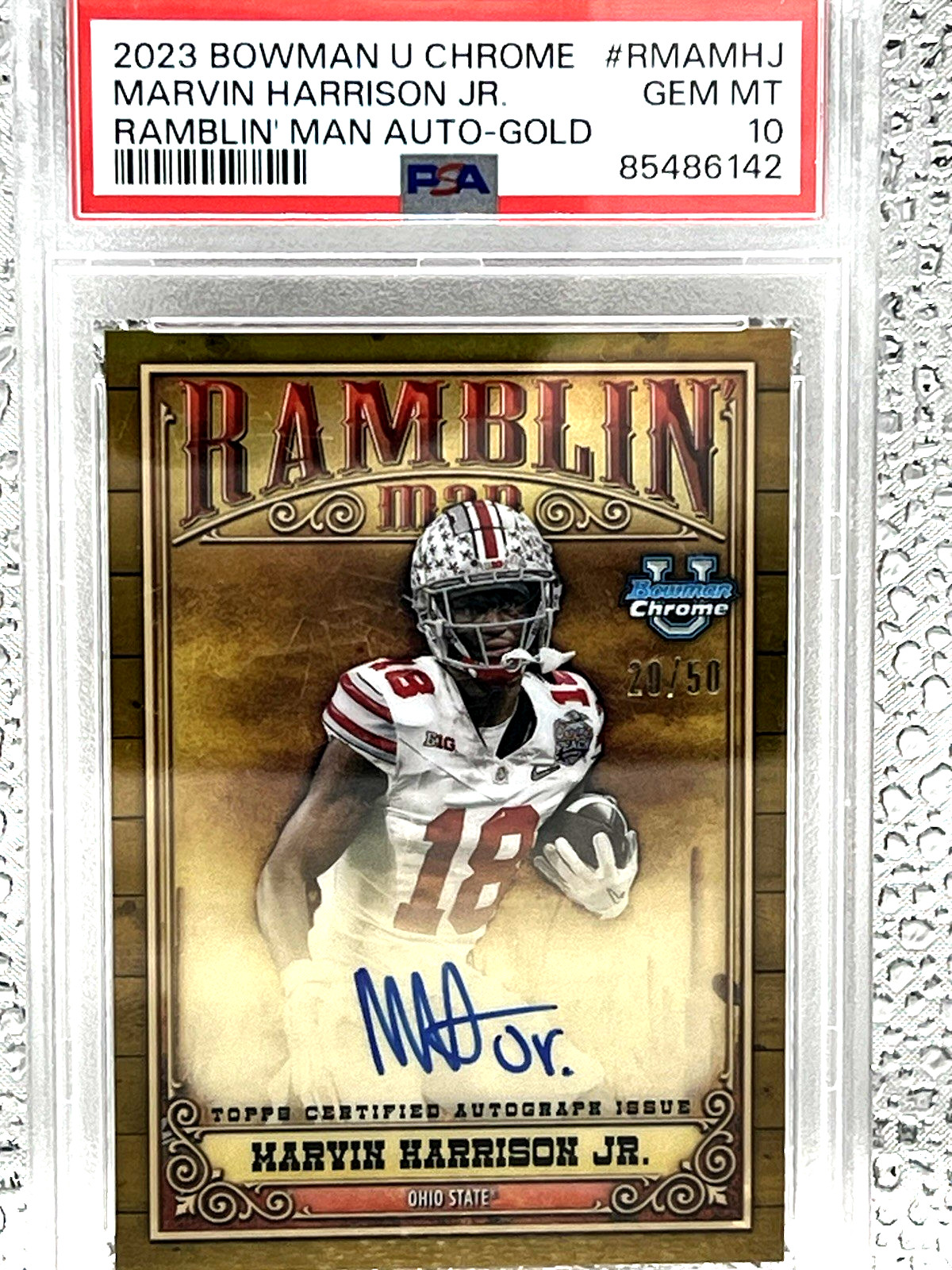 Marvin Harrison Jr. 2023 Bowman U Ramblin Man Gold /50 ON CARD RC Auto PSA 10 view 5