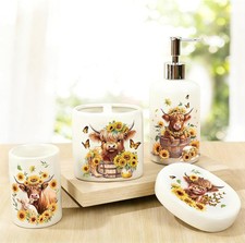 4Pcs Highland Cow Sunflower Bathroom Accessories Ceramic Liquid Dispenser