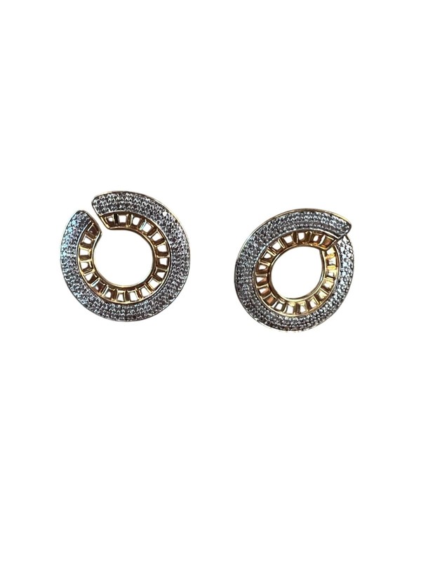Vintage Sterling Silver Gold Vermeil Side Hoop Earrings Disc Estate Signed DL 1"