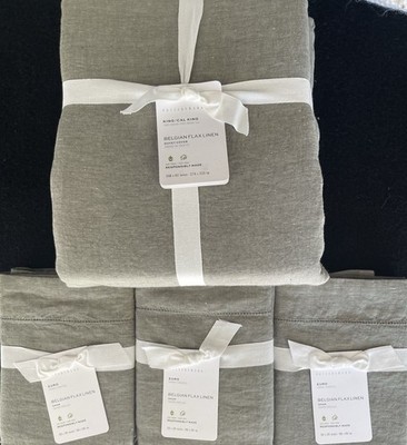 Pottery Barn Belgian Flax Linen  King Duvet & 3 Euro Shams In Loden