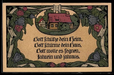Stone print postcard God protect your home, God protect your house..., flowers 