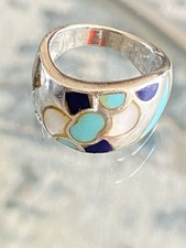 Stamped Sterling Silver Ring Mosaic Inlay Of Mother Of Pearl And Turquoise 9g