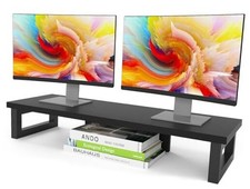 Dual Monitor Stand Riser, Wood and Steel Monitor Stand Riser, Large Black