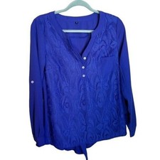 Womens Sz S Blue Solid Long Sleeve Laced Blouse