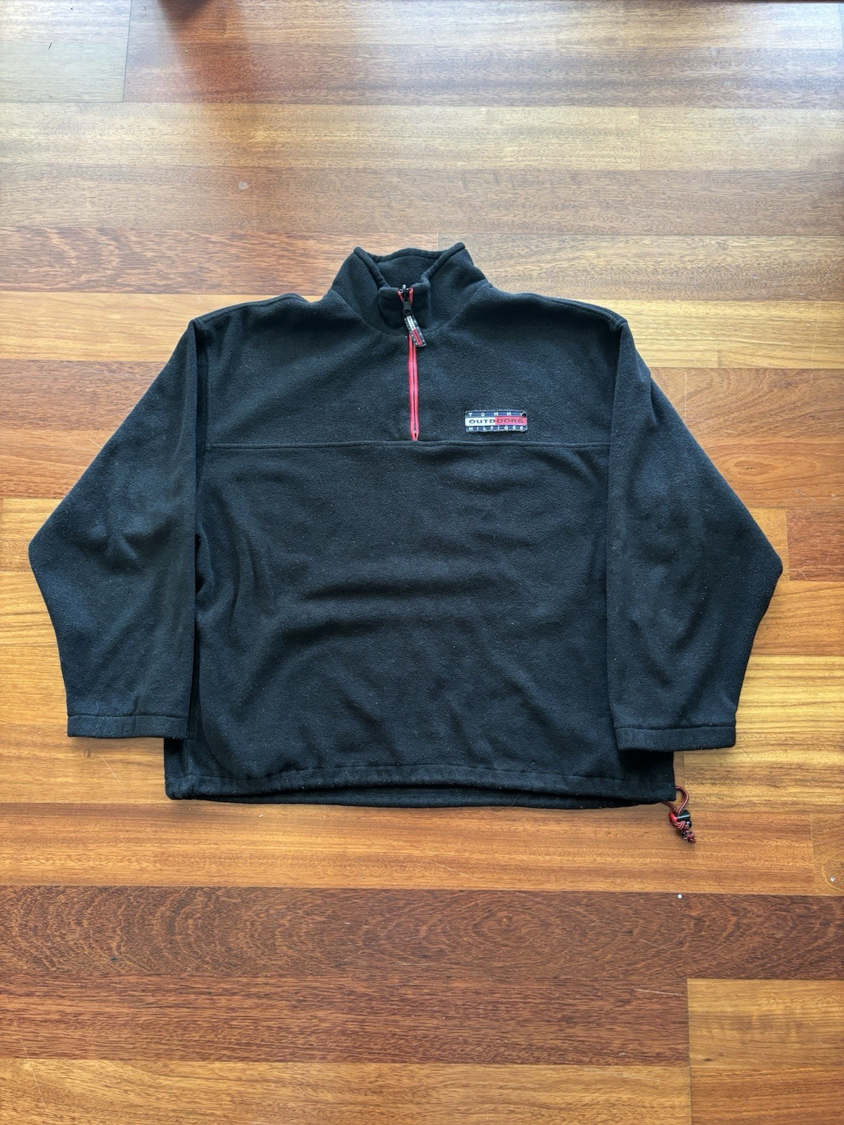 Vintage Tommy Hilfiger black fleece jacket with red accents size XL