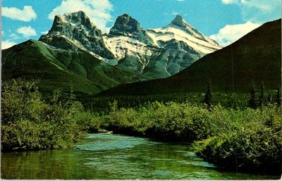 1950s Postcard - Three Sisters Mountains & Bow River Banff Alberta Chromogenic