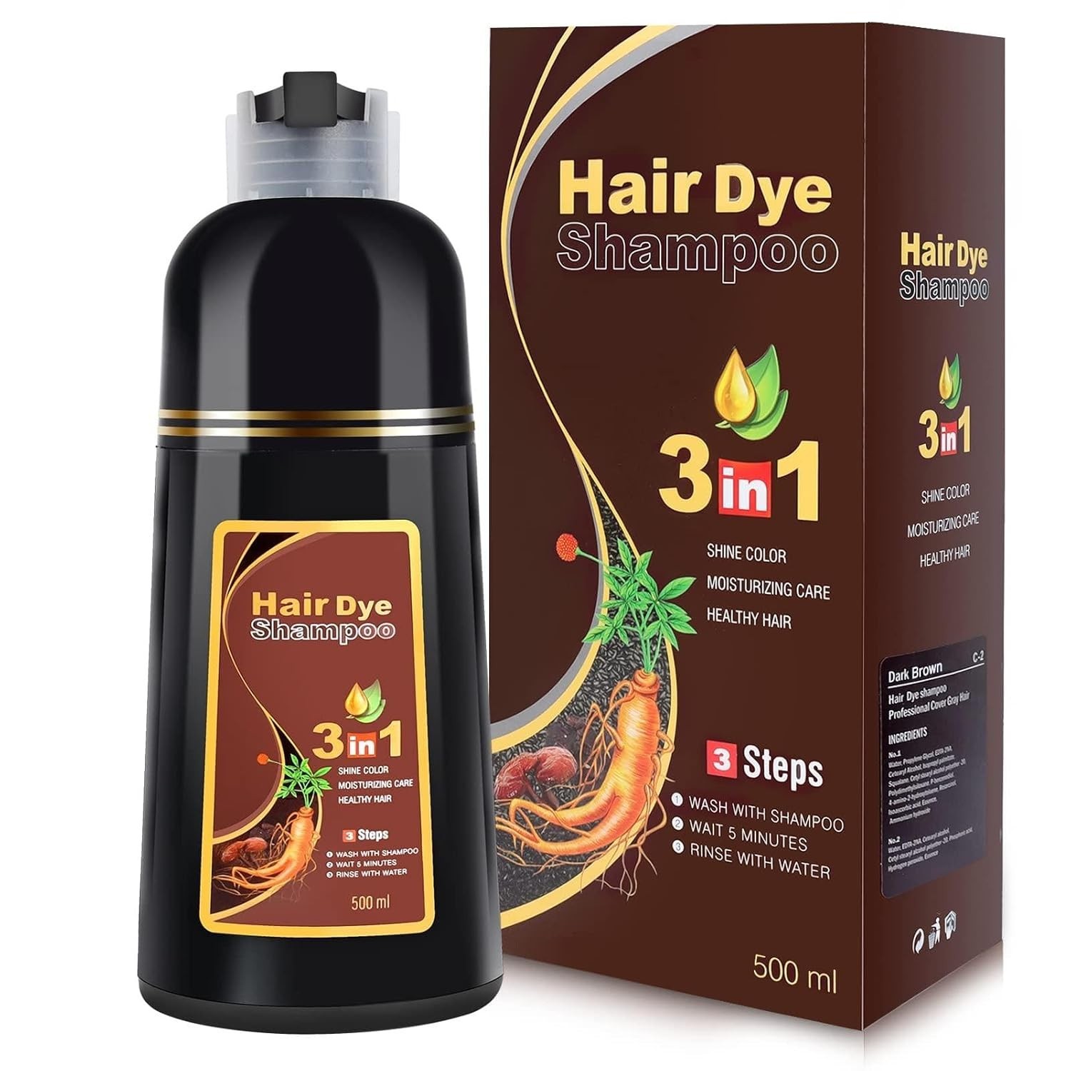 Black Hair Dye Shampoo 3 in 1 for Women/Men for Gray Coverage Instant Hair Color
