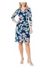 IMAN Global Chic Women's Printed Mesh Surplice Dress w/ Front Slit Sea