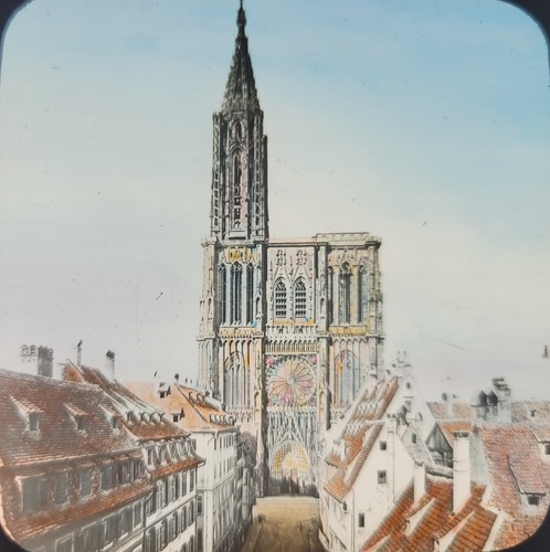 STRASBOURG CATHEDRAL, France, Color Magic Lantern Glass Slide, vtg Circa 1900