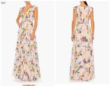 MAC DUGGAL 55829 GOWN  PLEATED FLORAL CAP SLEEVE A-LINE PINK BLAK MULTI sz 14