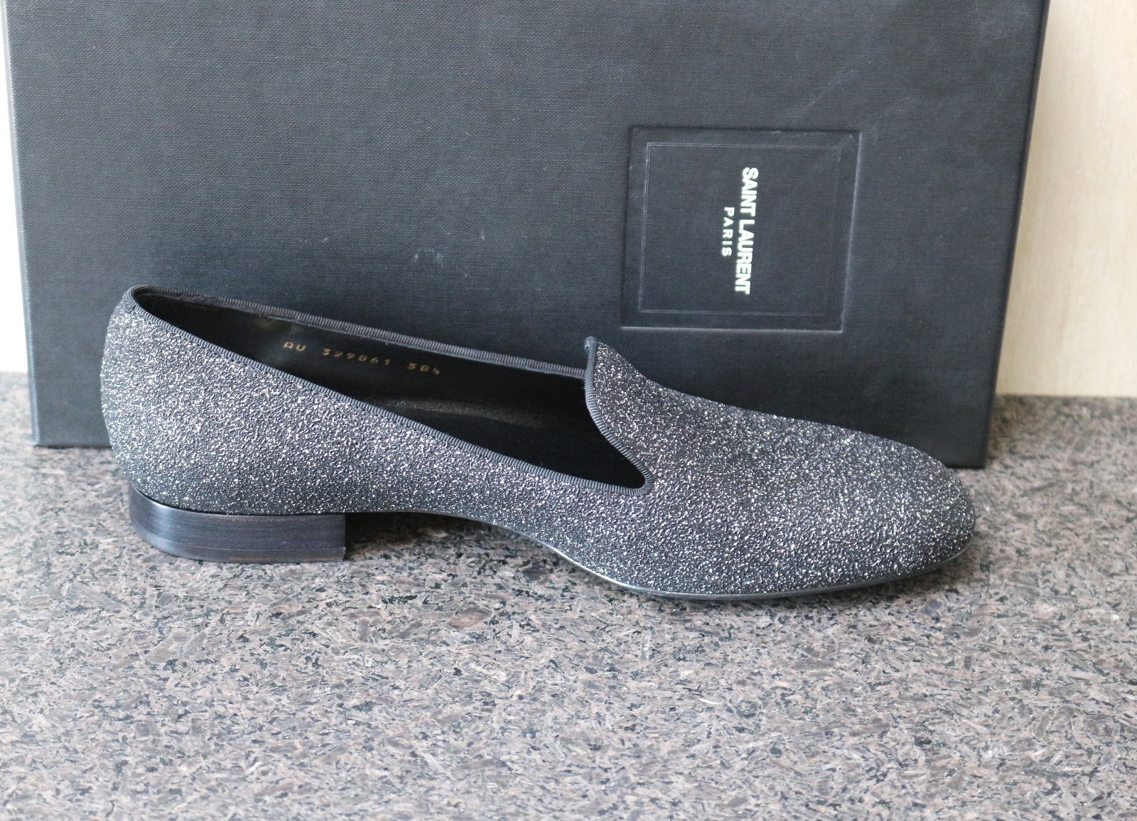 SCARPE PIATTE SMOKING NUOVE CON SCATOLA YSL SAINT LAURENT PARIS ZUCCHERO CHANGY BLK LUNA GLITTER 38 5