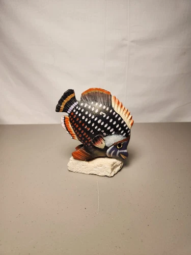 Hand Carved & Painted Wooden Tropical Fish on Coral Base 4” Long