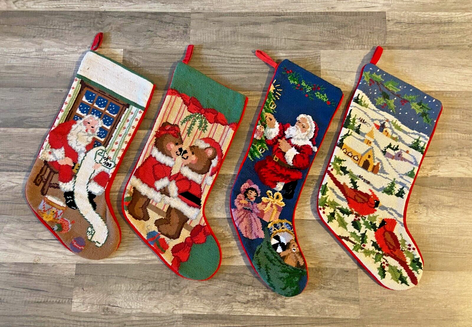 LOT of FOUR Needlepoint Santa Cardinal Teddy Bears LINED Christmas Stockings