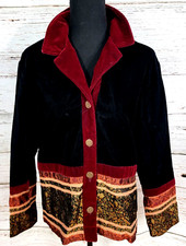 Coldwater Creek Jacket Womens Petite Medium Blk/Maroon Velvet  Tapestry Blazer