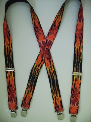Men's Suspenders in Red Flames Pattern X Style, with FLRD Clips & Loop Snaps
