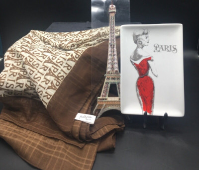 Paris lot woman s 72 X 17 scarf 6 X 4 trinket dish glitter 2D Eiffel Tower card