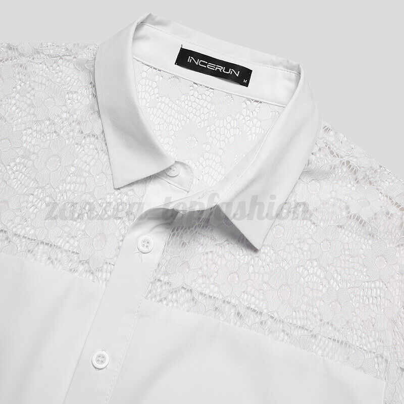 Stitching Striped Shirt Summer Men Transparent Lace Cutout Shirt