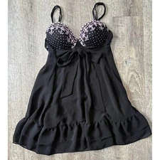 Babydoll Lingerie Black Polka Dot Bow Accent Nightie Sleepwear