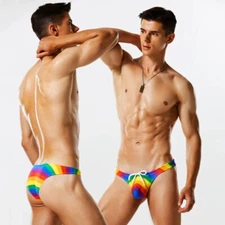 Mens Rainbow Low Waist Swimwear Swim Briefs Bikinis Gay Men Thong Swimsuits