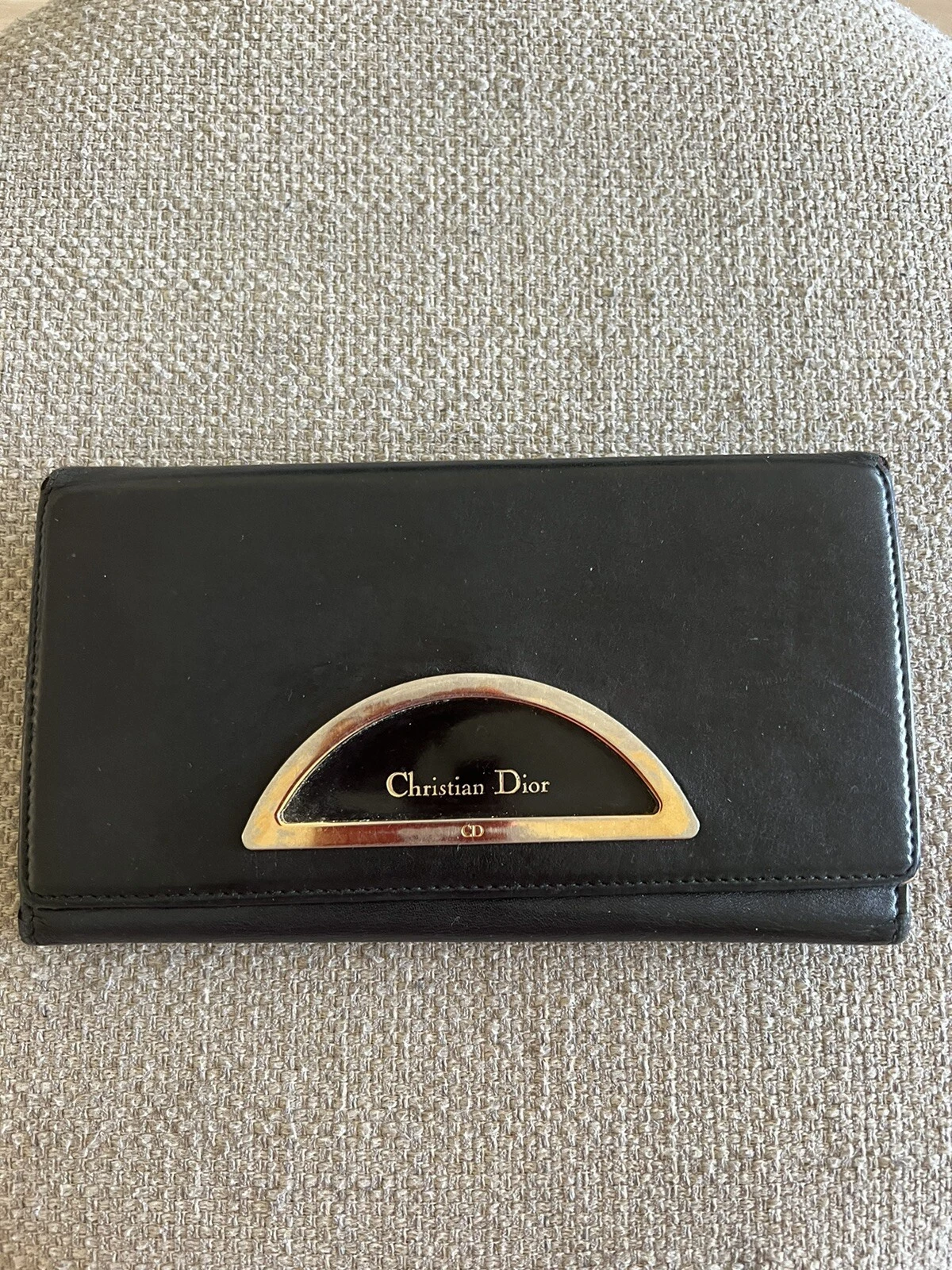 Portefeuille long bi pli Christian Dior Canage en cuir verni noir