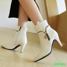 Women's Mid Heel Ankle Boots Dress Leather Shoes Point Toe Metal Oversize Zipper