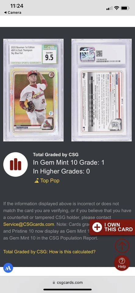 2020 Bowman 1st edition Zack Thompson Sky Blue foil csg 9.5 Pop 1 - Image 4 of 4