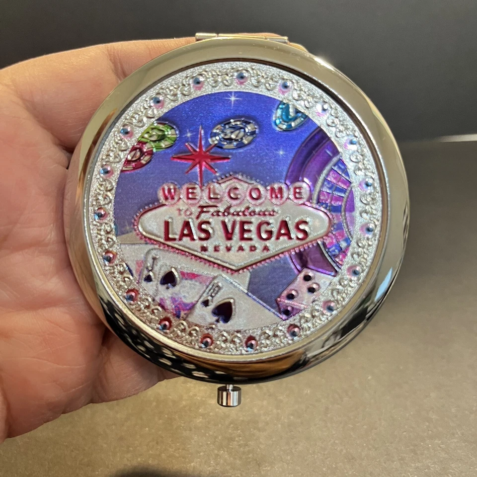 Las Vegas Compact Double Mirror "Neon" Silver Round Souvenir Collectible Gift #1 - Image 3 of 4