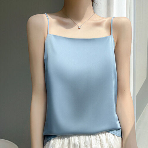 Lady Chemise Faux Silk Shirt Sleeveless Tank Satin Strappy Basic Vest Casual Top - Picture 1 of 20