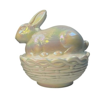 Mosser Milk Glass Bunny Rabbit On A Basket Nest White Carnival Covered Dish USA