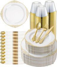 350 Pcs Gold Plastic Dinnerware Set 50 Guests Fancy Disposable Plates