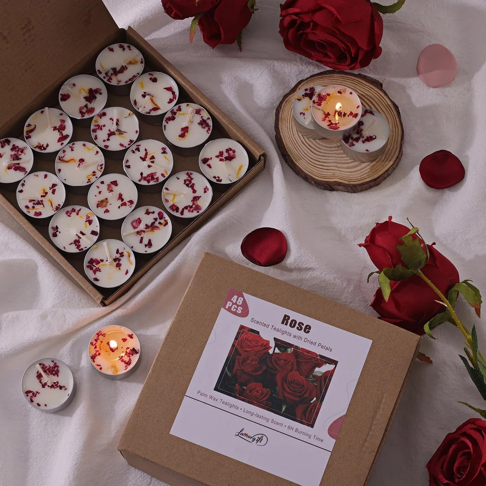 48 velas de tealight perfumadas con rosa, 6H de larga duración - 100 % a base de cera de palma S... Foto 2 de 4