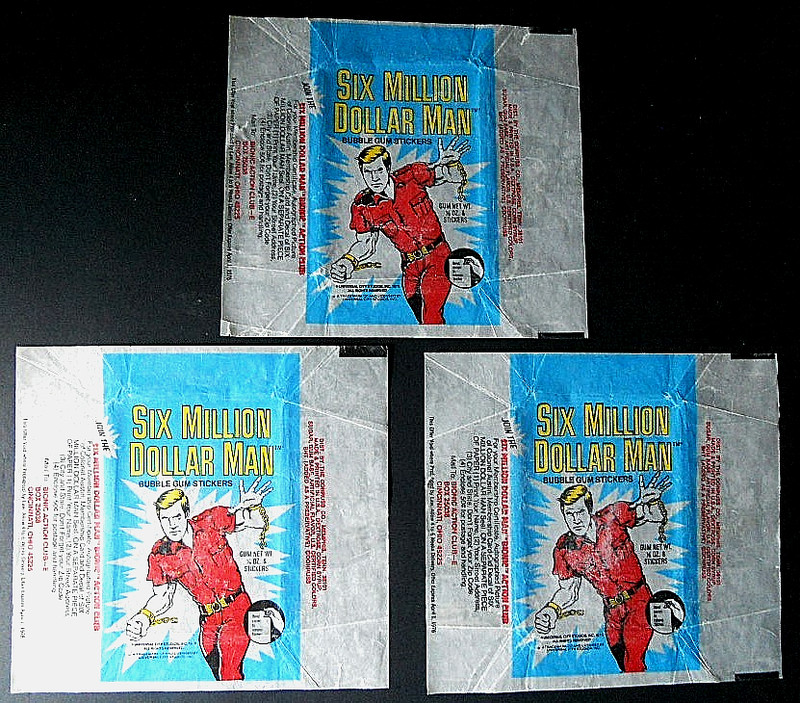 THREE 1975 DONRUSS SIX MILLION DOLLAR MAN WRAPPERS~FINE /VERY FINE
