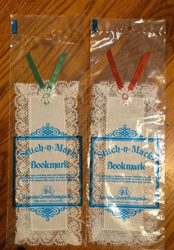 2 New Stitch n' Mark Bookmark Green and Red Bows- 18 Count Fabric New