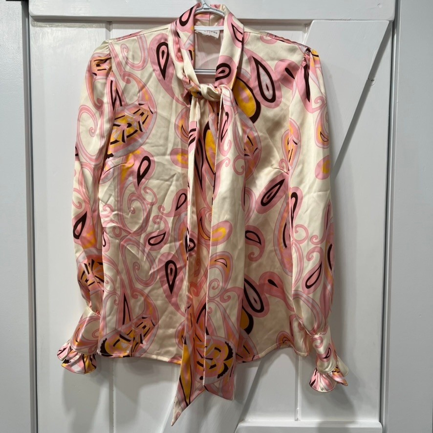 Julie Brown NYC Womens Blouse Small Funky Hippie Disco Bow Tie Flare Pink Orange