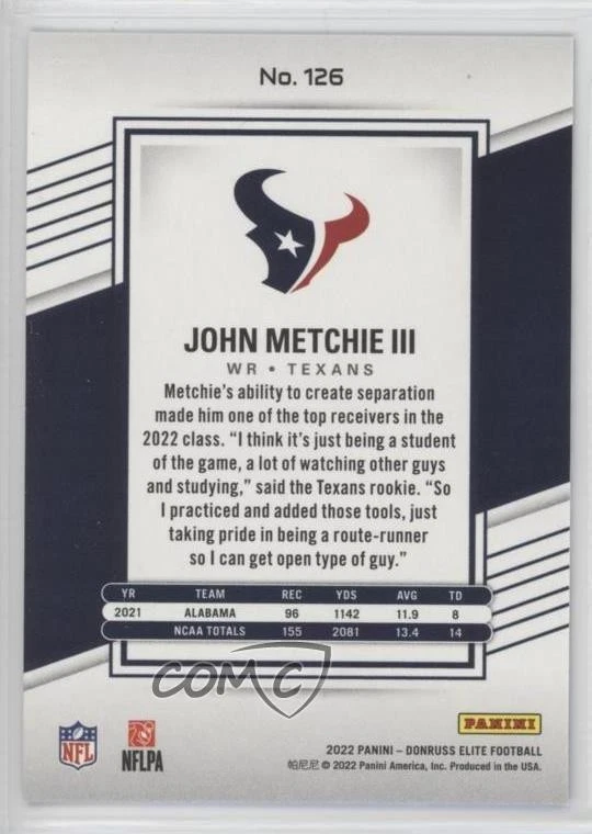 2022 Panini Donruss Elite Rookies Blue /10 John Metchie III #126 Rookie RC - Image 2 of 2